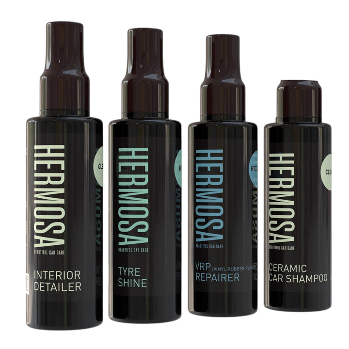 Hermosa car care products – Interior Detailer, Tyre Shine, VRP Repairer, and Ceramic Car Shampoo bottles