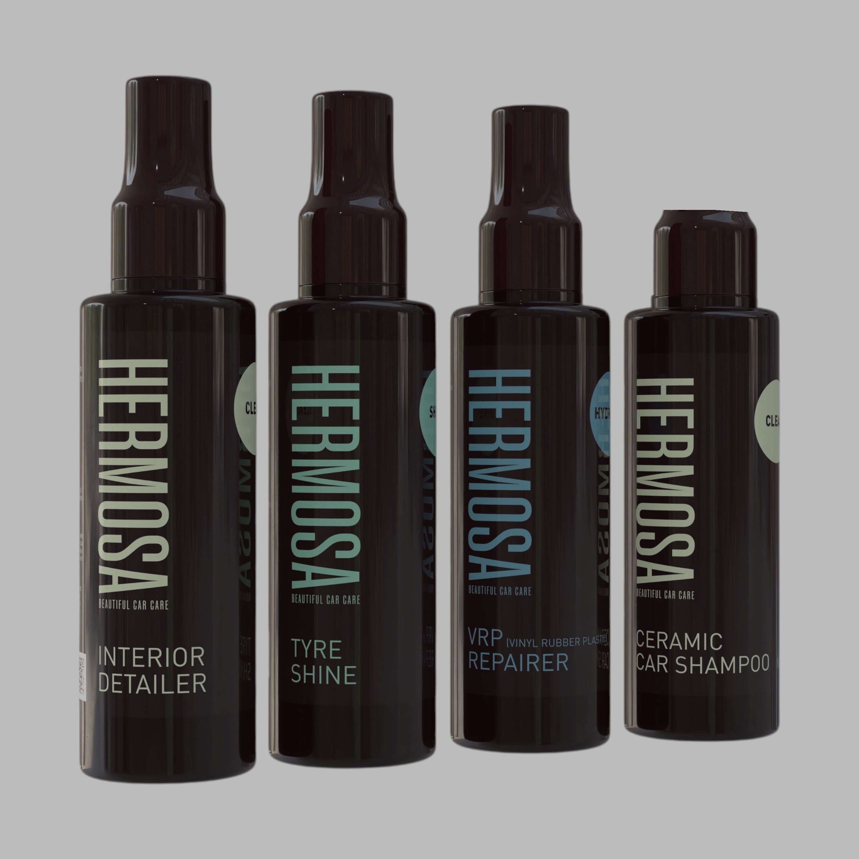 Hermosa car care product bottles: Interior Detailer, Tyre Shine, VRP Repairer, and Car Shampoo.