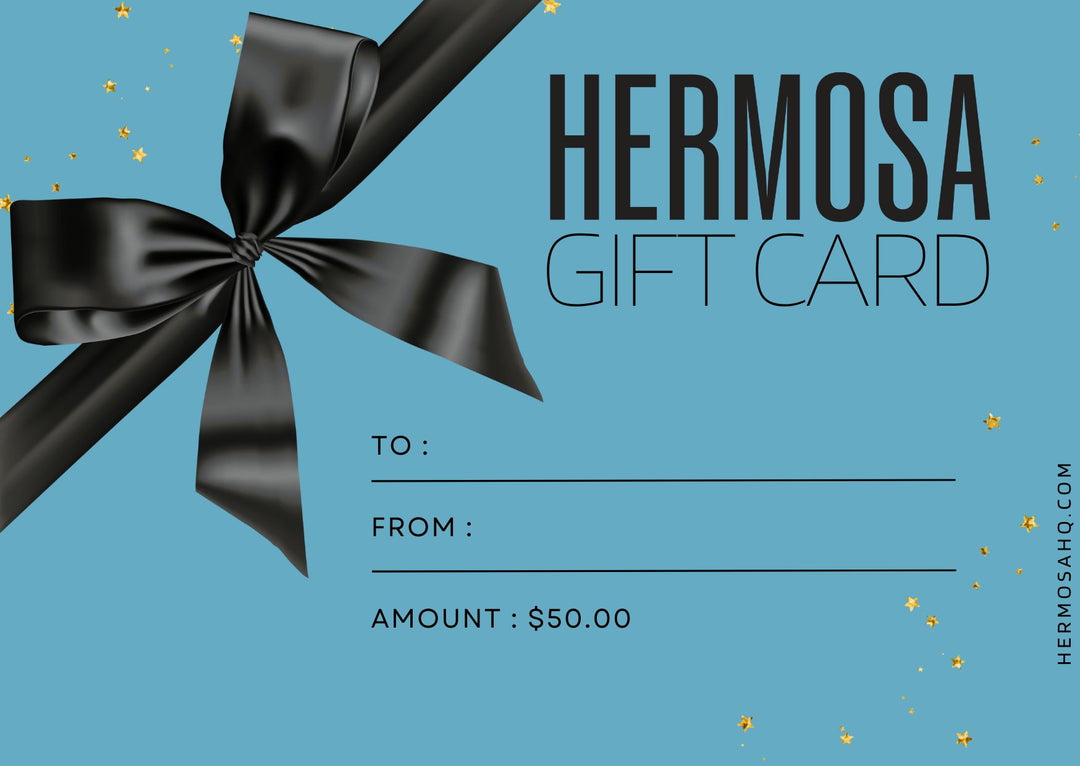 Black ribbon gift card with 'HERMOSA' text on a blue background.