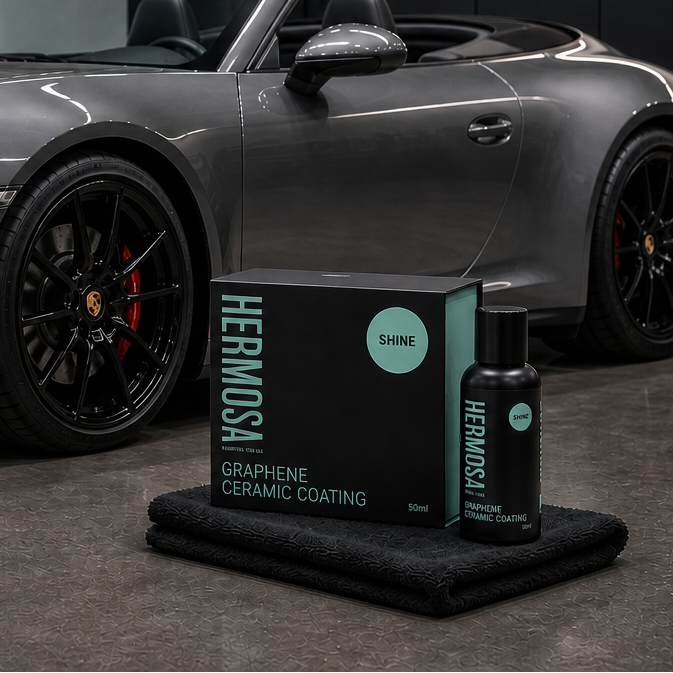 Hermosa Graphene Ceramic Coating bottle and box beside a grey Porsche