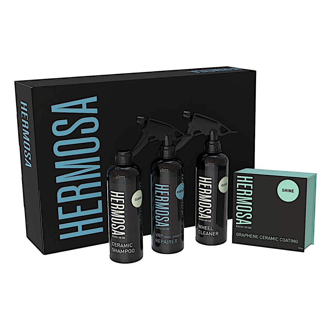 Hermosa car care kit including ceramic shampoo, VRP repairer, wheel cleaner, and graphene ceramic coating box.