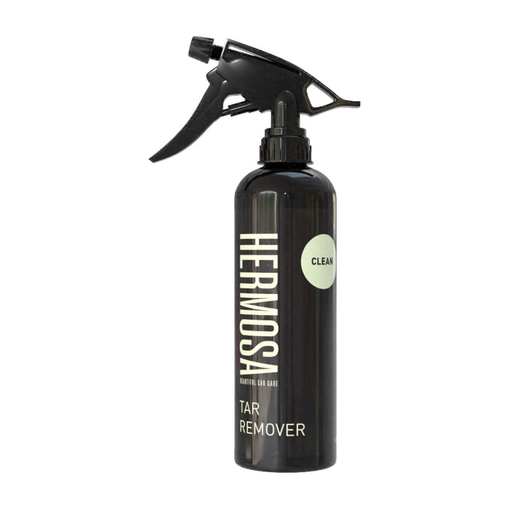 Hermosa Tar Remover spray bottle with black nozzle, labeled 'CLEAN' and 'TAR REMOVER.'