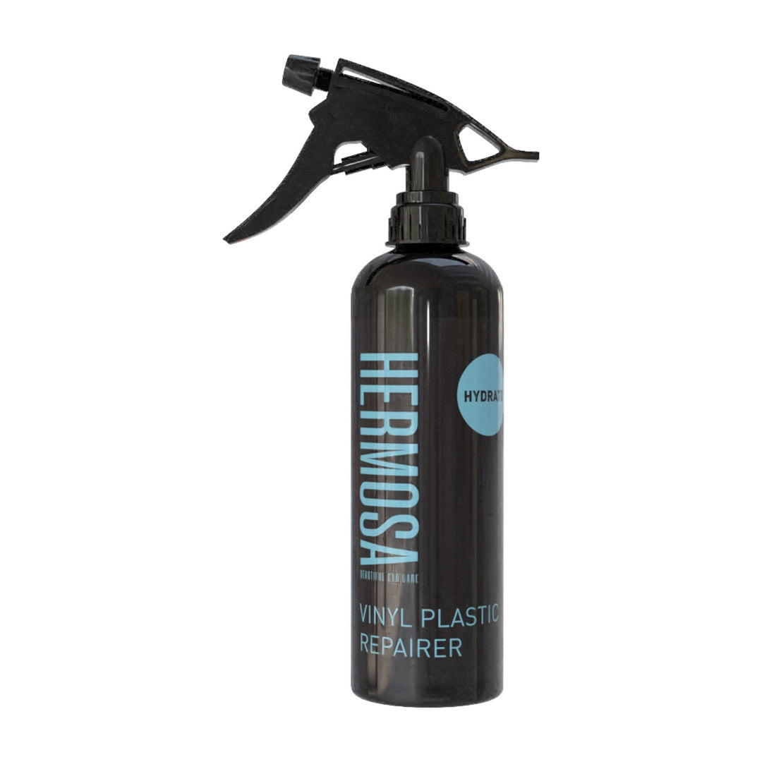 Spray bottle of Hermosa Vinyl Plastic Repairer with black trigger and blue branding.