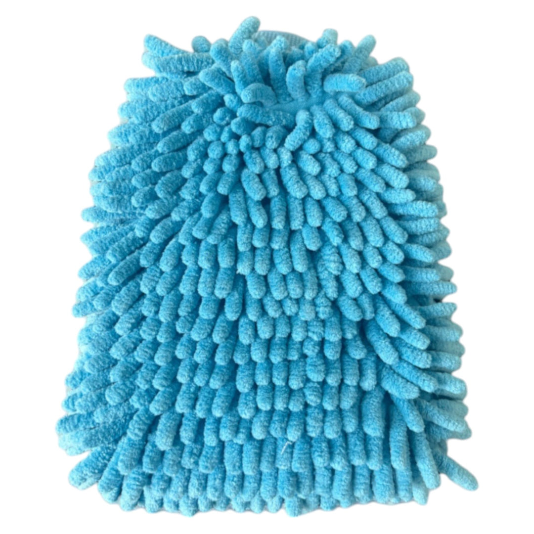 Blue microfiber cleaning cloth with fluffy, textured surface.