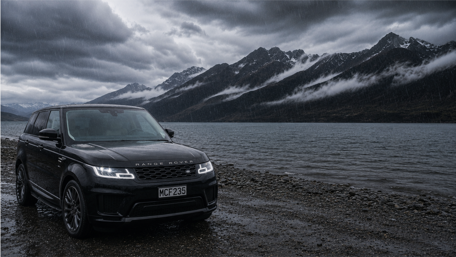 Black Range Rover beside a mountain lake in heavy New Zealand rain.